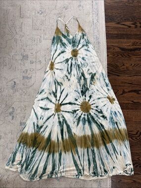 YFB Boho Tie-Dye V-Neck Maxi Dress in Green & Brown